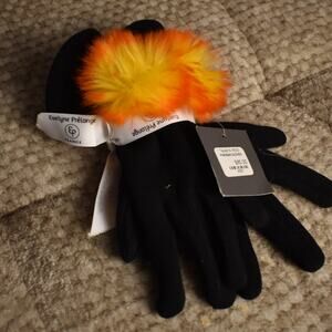 Evelyne Prelonge France Parisian Black Orange Pom Pom Gloves NWT